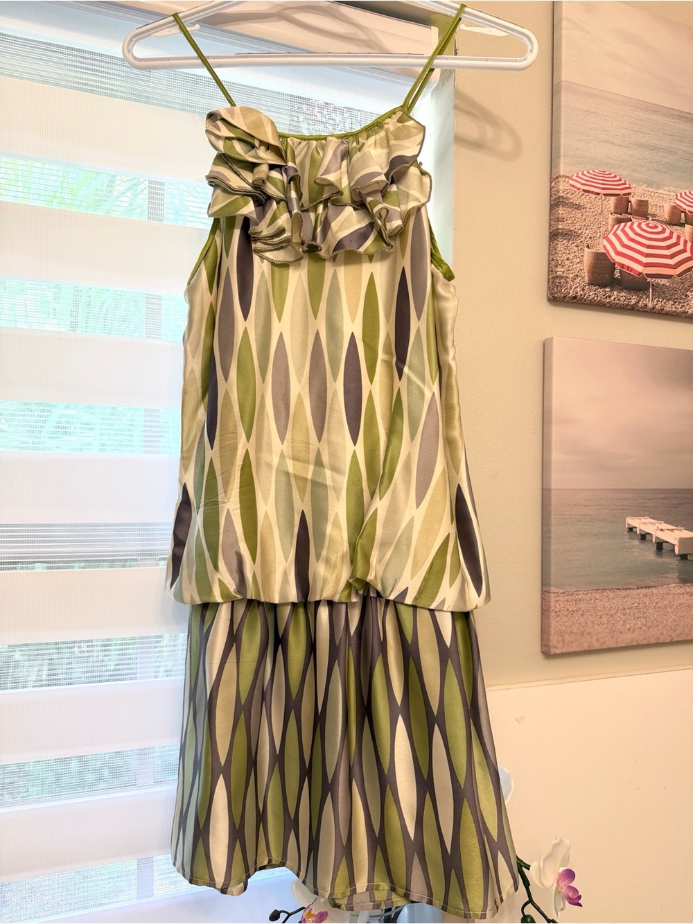 Alexia Admor Olive Green and Gray Ruffle silk dress